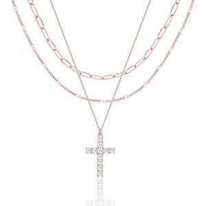 Women's Rose Gold Stone Cross Layered Necklace Simple Paperclip Choker Dot Chain